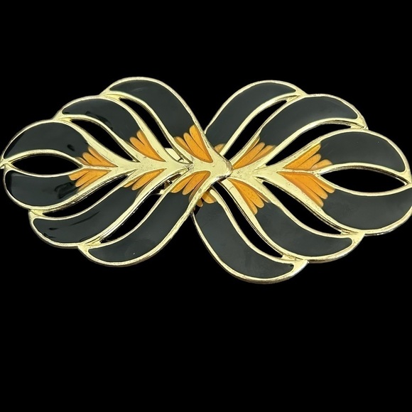 Vintage 80’s Black Adjustable Stretch Enamel Cloisonné Statement Buckle Belt - Picture 4 of 16